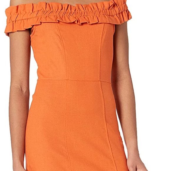 NEW KENDALL + KYLIE Linen Blend Off The Shoulder Ruffle Tangerine Dress, Sz 4-6 - Picture 3 of 15